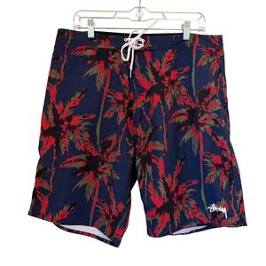 Stussy‎ Wild Palm Trunk Board Shorts Men 33 Med Navy Blue Red Swim Trunks NWOT